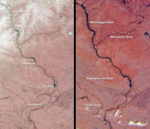 The mighty Mississippi River, from its source at Lake Itasca, Minnesota to the Gulf of Mexico, is approximately 3780 kilometers long and has flooded many times during its history. NASA's Terra satellite acquired these images one month apart in 2001.
