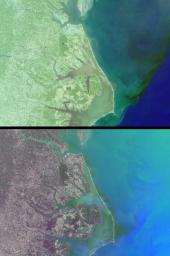 These images of mixing waters and moving ships off the North Carolina Coast were acquired by NASA's Terra satellite on October 11, 2000 (Terra orbit 4344).
