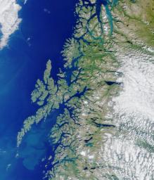 Lofoten Islands, Norway. Norway is deeply indented by fjords, rises precipitously to high plateaus, and is united with the ocean by numerous islands. This image from NASA's Terra satellite is MISR Mystery Image Quiz #2.