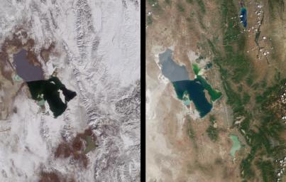 Magnificent views of the region surrounding Salt Lake City, Utah are captured in these winter and summer images from NASA's Terra satellite imaged on February 8, 2001 and June 16, 2001.