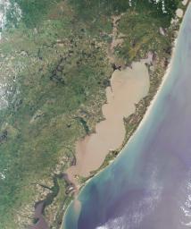 The 'Lagoa dos Patos,' in the Brazilian state of Rio Grande do Sul, translates to 'the Duck Lagoon.' This image from NASA's Terra satellite is MISR Mystery Image Quiz #5.