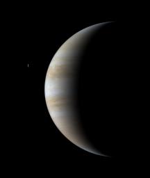 On January 15, 2001, 17 days after it passed its closest approach to Jupiter, NASA's Cassini spacecraft looked back to see the giant planet as a thinning crescent.