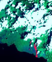 This image of the Nyiragonga volcano eruption in the Congo was acquired on January 28, 2002 by the Advanced Spaceborne Thermal Emission and Reflection Radiometer (ASTER) on NASA's Terra satellite. 