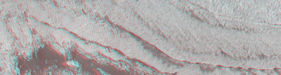 This anaglyph from NASA's Mars Global Surveyor shows eroded, pitted, light-toned layer outcrops in Iani Chaos. 3D glasses are necessary to view this image.