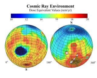 This global map of Mars, based on data from NASA's Mars Odyssey, shows the estimated radiation dosages from cosmic rays reaching the surface, a serious health concern for any future human exploration of the planet.