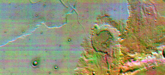 This is the first high-resolution color infrared image taken of Mars. The image was constructed using three of the ten infrared filters on the thermal emission imaging system of NASA's Mars Odyssey spacecraft.