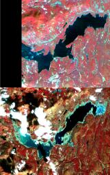 Ashokan Reservoir in New York, is seen in this pair of images acquired by NASA's Terra satellite on September 18, 2000 and February 3, 2002.