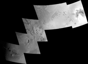 The source area of what had been a towering volcanic plume two months earlier lies in the far-right frame of this mosaic of images taken of Jupiter's moon Io by NASA's Galileo spacecraft on Oct. 16, 2001.