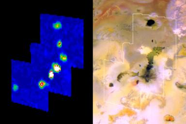 The Amirani lava flow on Jupiter's moon Io appears to be made up of many individual flows; the newest flows are the brightest spots in this infrared image from NASA's Galileo spacecraft.