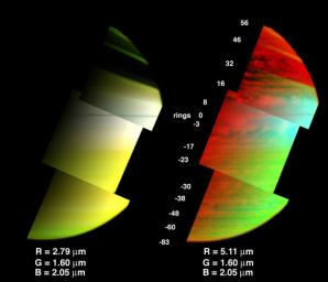 Saturn's clouds and hazes at three different levels in the atmosphere are depicted in the image on the right, as observed by the visual infrared mapping spectrometer on NASA's Cassini spacecraft.