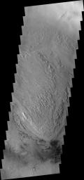 Taken by NASA's 2001 Mars Odyssey these are the unusual floor deposits in Spallanzani Crater. The wind may have affected the surface of the layered deposit. Small dunes have formed near the southern margin.