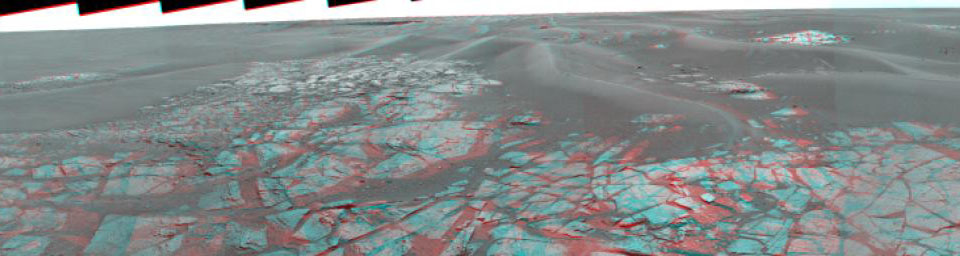 This stereo view shows the landscape surrounding NASA's Mars Exploration Rover Opportunity at the edge of 'Erebus Crater.' 3D glasses are necessary to view this image.