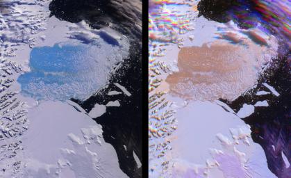 Both single and multi-angle views of the breakup of the northern section of the Larsen B ice shelf are shown in this image pair fromNASA's Terra satellite. The Larsen B ice shelf collapsed and broke away from the Antarctic Peninsula during February and Ma