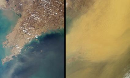 This pair of images, acquired 16 days apart by NASA's Terra satellite in 2002 and 2007, covers the Liaoning region of China and parts of northern and western Korea, comparing a relatively clear day and an extremely dusty day.