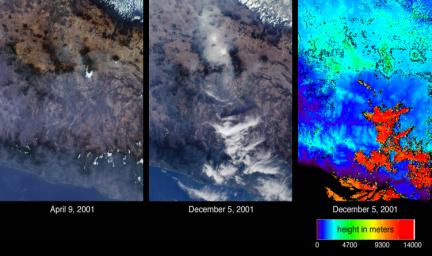 Mexico City has one of the world's most serious air pollution problems. These images from NASA's Terra satellite were captured on April 9 and December 5, 2001.