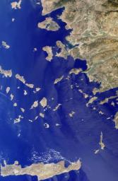 The Greek islands of the Aegean Sea, scattered across 800 kilometers from north to south and between Greece and western Turkey, are uniquely situated at the intersection of Europe, Asia and Africa. This image from NASA's Terra satellite was acquired on Se
