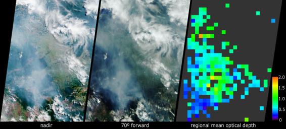These images acquired in 2002 from NASA's Terra satellite show smoke over Rondonia, Brazil.