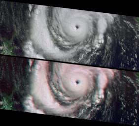 This anaglyph from the MISR instrument aboard NASA's Terra spacecraft shows Hurricane Lili headed for Louisiana on October 2, 2002. 3D glasses are necessary to view this image.