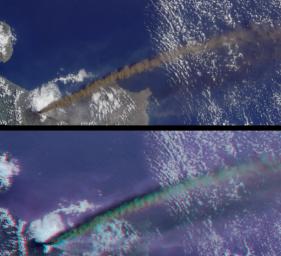 This anaglyph from the MISR instrument aboard NASA's Terra spacecraft captured the energetic eruption of Sicily's Mount Etna volcano on October 29, 2002. 3D glasses are necessary to view this image.
