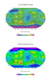 These two views of Mars were made with data taken by the neutron spectrometer component of NASA's Mars Odyssey spacecraft and show epithermal neutron flux, which is sensitive to the amount of hydrogen present.