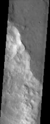 This image, captured by NASA's 2001 Mars Odyssey spacecraft, shows that this portion of the rim of Henry Crater has numerous dark streaks located on the slopes of the inner crater wall.