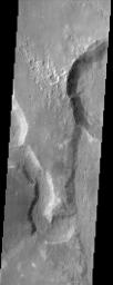 This image from NASA's Mars Odyssey spacecraft captures two channels (Nirgal Vallis is the smaller sinuous channel on the left and Uzboi Vallis is the larger channel located in the lower right) and Luki Crater located in the upper right.