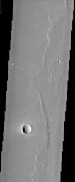This NASA Mars Odyssey image is of the ridged plains of Lunae Planum in the northern hemisphere of Mars. Wrinkle ridges, a very common landform on Mars, Mercury, Venus, and the Moon, are found mostly along the eastern side of the image.