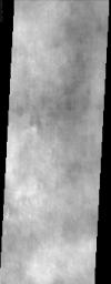 Splotchy water ice clouds obscure the northern lowland plains in the region where NASA's Viking 2 spacecraft landed in this image by NASA's Mars Odyssey spacecraft.