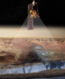 This artist's rendering portrays ice-rich layers in the soils of Mars being detected by instruments aboard NASA's 2001 Mars Odyssey spacecraft.