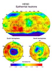 This global view of Mars in intermediate-energy, or epithermal, neutrons was created from observations by NASA's Mars Odyssey spacecraft.