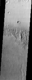 This image from NASA's Mars Odyssey spacecraft shows signs of layering exposed at the surface in a region of Mars called Terra Meridiani. The brightness levels show daytime surface temperatures.