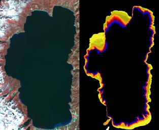 This image acquired by NASA's Terra satellite llustrates the state of gradually decreasing water clarity at Lake Tahoe, one of the clearest lakes in the world.