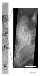 These NASA Mars Odyssey images show layered deposits located on the floor of Ganges Chasma, part of the Valles Marineris canyon system, in both infrared (left) and visible (right) wavelengths.