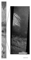 These Mars Odyssey images show the 'White Rock' feature on Mars in both infrared (left) and visible (right) wavelengths. 'White Rock' is the unofficial name for this landform that was first observed during NASA's Mariner 9 mission in the early 1970's.