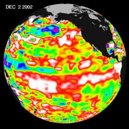 The latest image from NASA's Jason oceanography satellite, taken during a 10-day collection cycle ending December 2, 2002, shows the Pacific dominated by two significant areas of higher-than-normal sea level (warmer ocean temperatures).