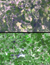 The towns of Santa Claus, Ga., (top) and Santa Claus, Ind. (bottom), are shown in these two images from the Advanced Spaceborne Thermal Emission and Reflection Radiometer (ASTER) instrument on NASA's Terra satellite. 