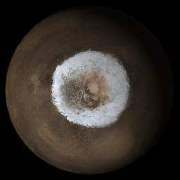 NASA's Mars Global Surveyor shows the south polar region of Mars in mid-May 2005.