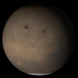 NASA's Mars Global Surveyor shows the Tharsis face of Mars in mid-June 2005.