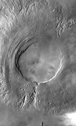 This image from NASA's Mars Odyssey spacecraft shows Arsia Mons, the southernmost of the Tharsis volcanoes. For comparison, the largest volcano on Earth is Mauna Loa.