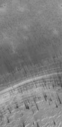 NASA's Mars Global Surveyor shows dark spots and streaks formed in seasonal frost covering terrain in the martian south polar region.