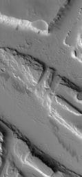 NASA's Mars Global Surveyor shows a suite of troughs in the Tharsis region that were also the site of some catastrophic floods. These features are located northwest of the volcano, Jovis Tholus. 