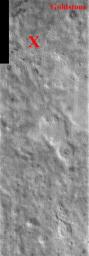 This portion of NASA Mars Odyssey image covers NASA's Viking 2 landing site (shown with the X). The second landing on Mars took place September 3, 1976 in Utopia Planitia.
