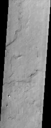 This NASA Mars Odyssey image captures a portion of several lava flows in Daedalia Planum southwest of the Arsia Mons shield volcano. Textures characteristic of the variable surface roughness associated with different lava flows in this region are easily s