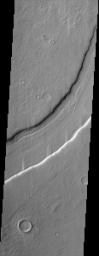 Reull Vallis, located in Mars' cratered southern hemisphere, flows for over 1,000 km (about 620 miles) toward the Hellas basin. This NASA Mars Odyssey image shows a portion of the channel with its enigmatic lineated floor deposits.
