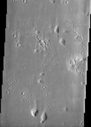 Impact craters in Hecates Tholus, as seen in this image from NASA's Mars Odyssey spacecraft, appear to be filled with sediment derived from erosion of the surrounding terrain.