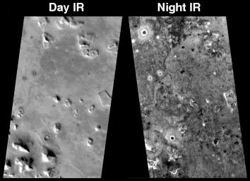 This pair of infrared images from NASA's Mars Odyssey spacecraft shows the so-called 'face on Mars' landform viewed during both the day and night.