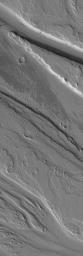 NASA's Mars Global Surveyor shows channels carved by catastrophic floods in the Tharsis region of Mars. The terrain is presently mantled with fine dust.