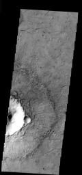 This image from NASA's Mars Odyssey shows radial 'spokes' on the top of the ejecta surrounding the crater on Mars. These surface features are formed during the ballistic emplacement of the ejecta and other materials being thrown out of the crater.