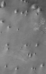 NASA's Mars Global Surveyor shows knobs of remnant, wind-eroded, layered sedimentary rock that once completely covered the floor of a crater located west of the Sinus Meridiani region of Mars.