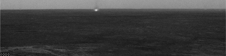 One dust devil scoots across the center of the view showing a few dust devils inside Mars' Gusev Crater. The image was taken by the navigation camera on NASA's Mars Exploration Rover Spirit during the rover's 543rd martian day, or sol (July 13, 2005).